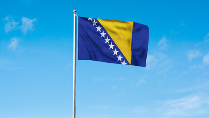 High detailed flag of Bosnia and Herzegovina. National Bosnia and Herzegovina flag. Europe. 3D Render. Sky Background.