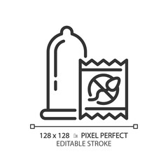 Condom linear icon. Birth control methods. Contraception products, hygiene. Pregnancy prevention. Healthcare medicine. Thin line illustration. Contour symbol. Vector outline drawing. Editable stroke