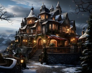 3D render of a haunted house with a snow covered roof.