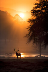 Golden Twilight Extravaganza: Intersection of a Majestic Stag and Wilderness