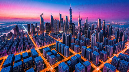 Expansive cityscape at dusk, with innumerable skyscrapers glowing neon colors - obrazy, fototapety, plakaty