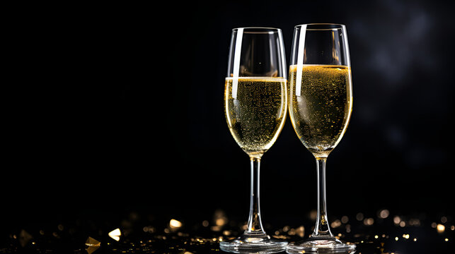 Glasses with champagne on black background