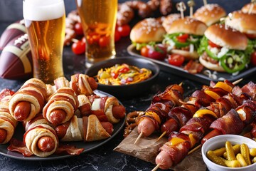Obraz na płótnie Canvas Sizzling Summer Snacks A Tasty Platter of Hot Dogs, Bratwurst, and Beer Generative AI