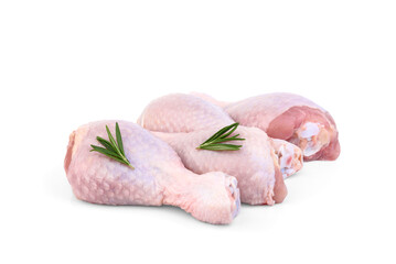 Raw chicken leg with rosemary isolated on white background.