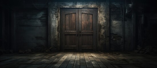 Fototapeta na wymiar Mysterious Light Shining Through Old Wooden Door in Dark Room