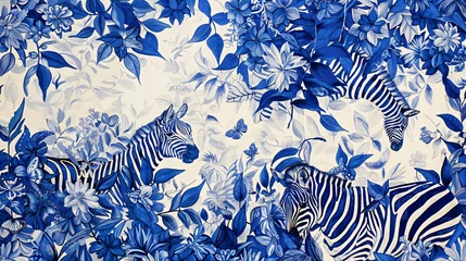 Fototapeten A drawing that uses blue and white and has some zebras © Johnu