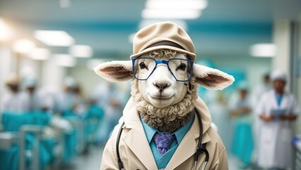 Sheep become doctor, wearing glasses and hat
