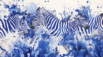 Gordijnen A drawing that uses blue and white and has some zebras © Johnu