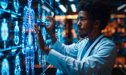 Futuristic medicine concept showing a doctor interacting with a holographic projection of human anatomy for advanced medical analysis and diagnosis