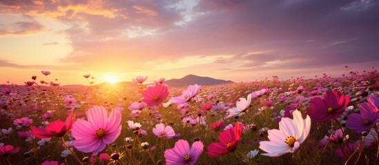 Breathtaking Cosmos Flowers Basking in the Golden Glow of Sunset in a Vibrant Field