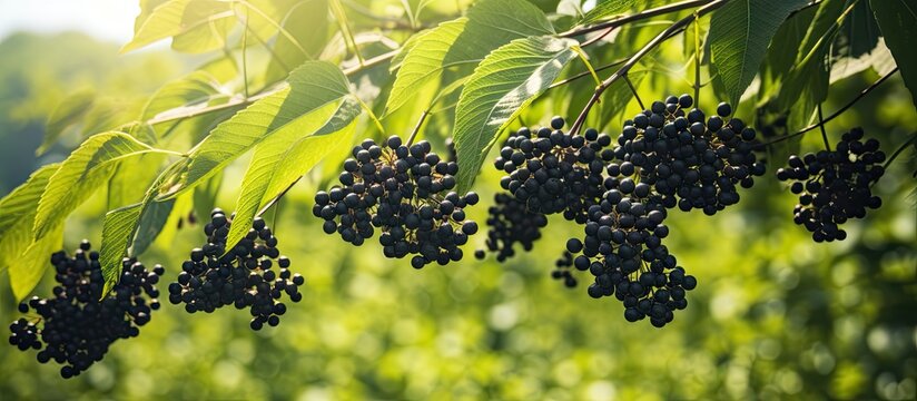 Ripe Blackberries Glistening on Lush Green Vine in Sunlight - Fresh Berry Harvest
