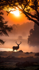 Golden Twilight Extravaganza: Intersection of a Majestic Stag and Wilderness