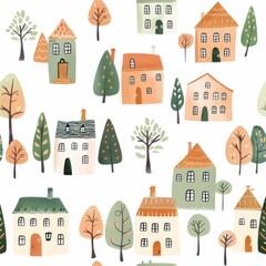 A pattern of houses and trees on a white background