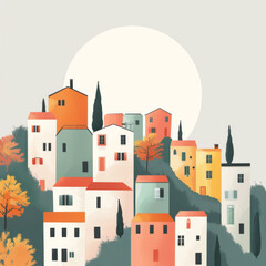 Fototapeta na wymiar A painting of a town with a full moon in the background