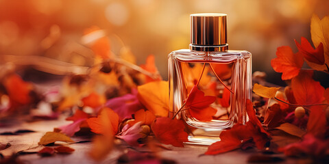 transparent glass bottle of perfume on autumn leaves background. luxurious mockup