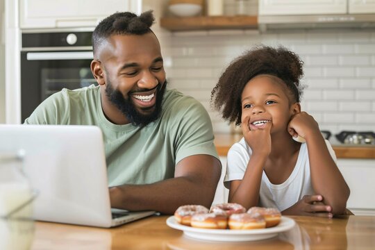 Smiling Father and Daughter Enjoying Donuts and Laptop Time Generative AI