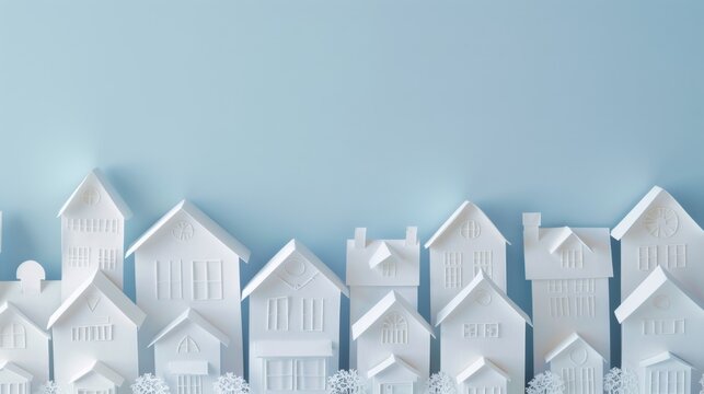 A row of white paper houses on a blue background