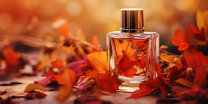 transparent glass bottle of perfume on autumn leaves background. luxurious mockup