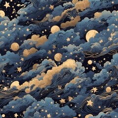 Seamless pattern of cloudy midnight sky full of stars. Cartoon style. Repeatable image background.