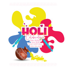 Holi creative banner for festival fun and colorful Gulal with Colors, splash of colorful Gulal background and pot.