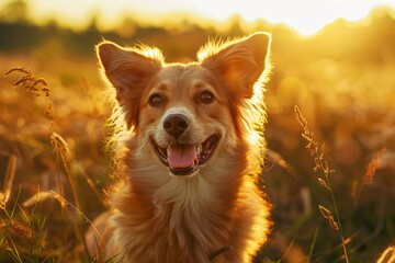 Sunny Smile Golden Retriever's Adorable Sunset Moment Generative AI