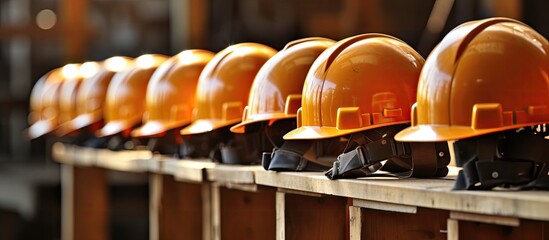 Diverse Array of Colorful Hard Hats Lined Up in a Construction Site in a Symmetrical Pattern