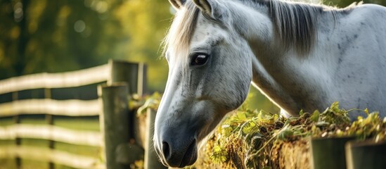 Majestic White Horse Gracefully Stands in a Serene Fenced Pasture