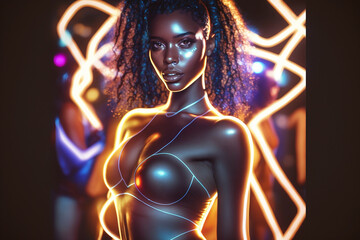 A young girl on the dance floor in neon lights. Neon background. 