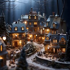Miniature city at night in winter with christmas trees and houses