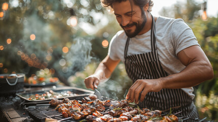 bearded man in apron grilling meat on barbecue grill outdoors
