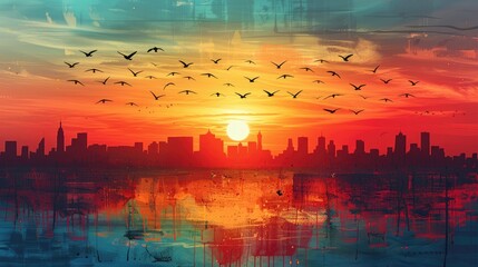 Abstract Birds Flying Over Sunset Cityscape Reflection, An artistic representation of birds in flight over a cityscape at sunset, with abstract reflections on water. - Powered by Adobe