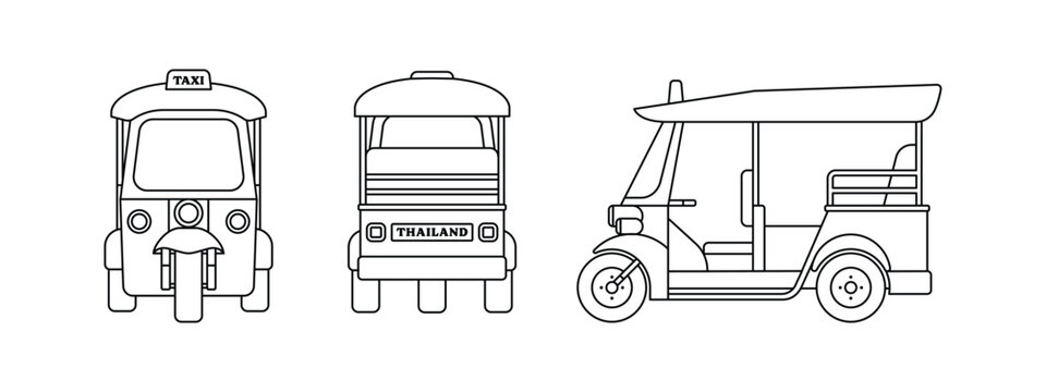 Tuk Tuk taxi travel in Thailand outline icon isolated on white background. Thai transportation design element. Cartoon vector illustration.