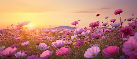 Majestic Field of Blooming Pink Wildflowers Under a Stunning Sunset Sky