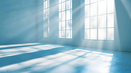 The electric blue tints and shades of the suns rays illuminate the wooden flooring of the empty room through the window