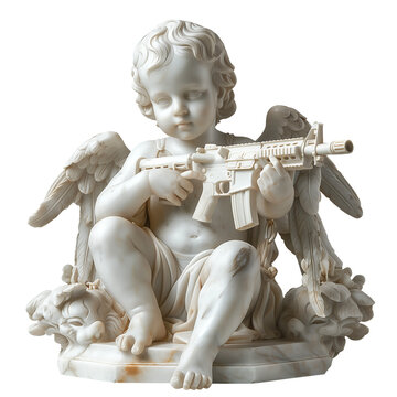 Cupid angel statue with gun. Cute marble angel statue holding a sub-machine gun. Marble statue holding a gun. Cherub statue with gun. 