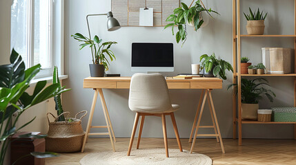 Minimal style work desk design decorated with white tones and small plants. Ai generate.
