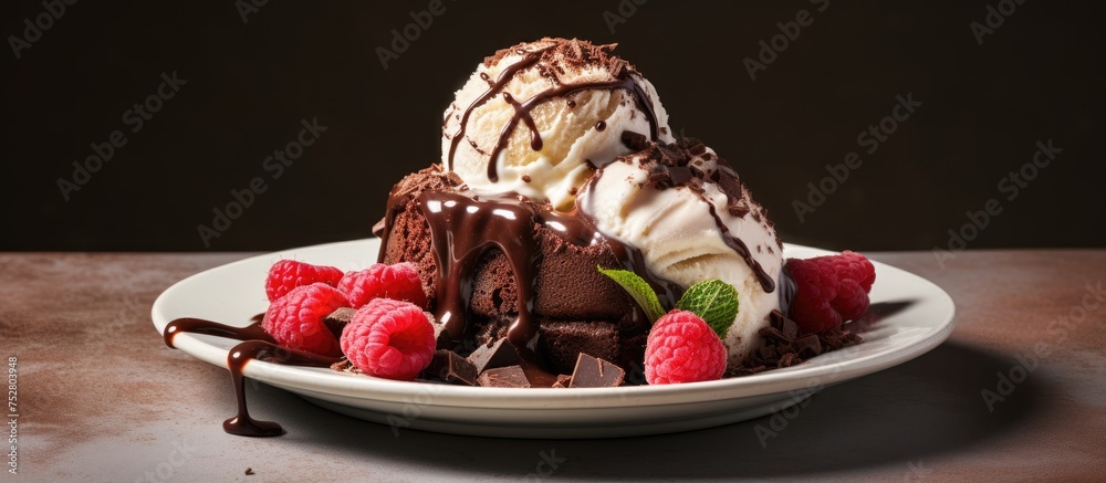 Wall mural Delicious Plate of Ice Cream Topped with Raspberries Placed on a Wooden Table