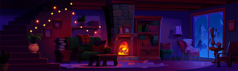 Night chalet interior with fireplace. Vector cartoon illustration of dark living room, vintage armchairs and couch near fire, books on shelf, winter mountain view in window, garland on wooden stairs - obrazy, fototapety, plakaty