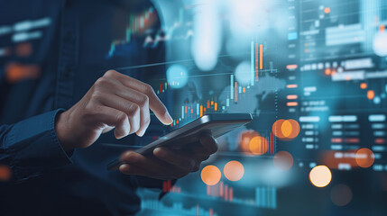 hand with smart phone and financial charts - neo banking
