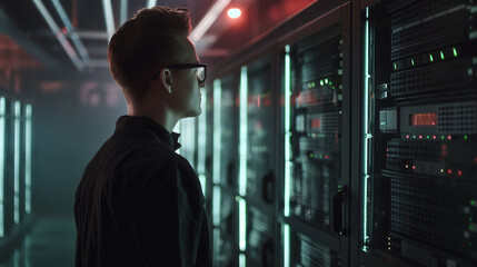 cyber security expert or IT engineering working at data server of technology company, digital data security analysis modern cyber tech network 