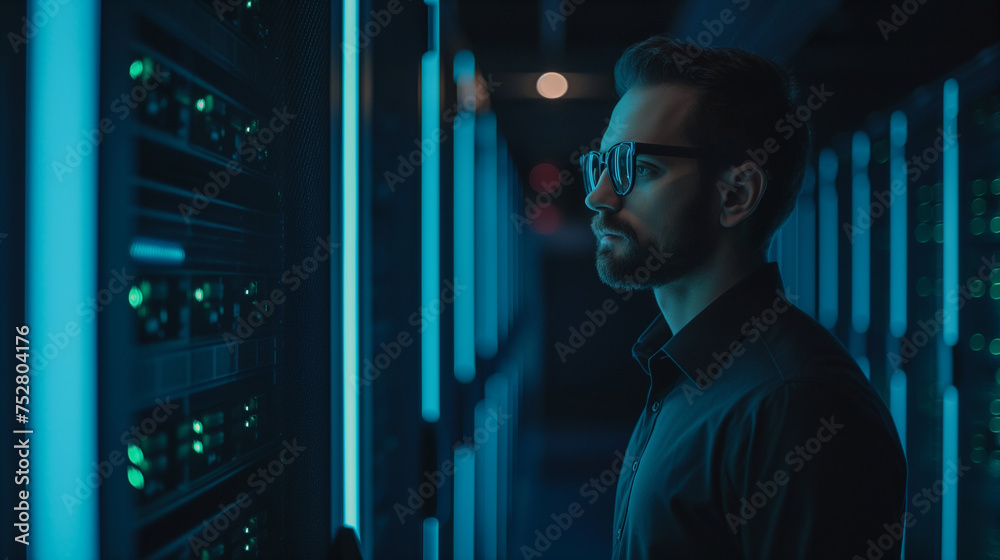 Poster cyber security expert or it engineering working at data server of technology company, digital data s