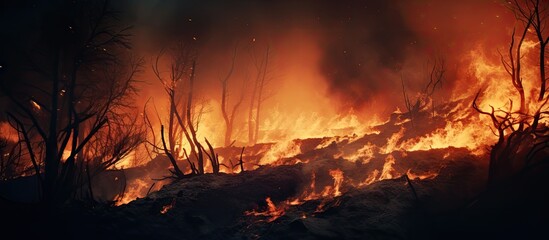 Destructive Wildfire Engulfs Dense Woodland with Intense Flames and Billowing Smoke