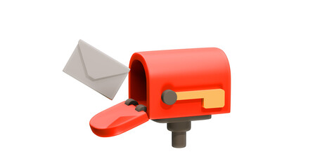3D render a red mailbox with a white envelope partially sticking out of the front opening. Isolated white background