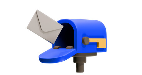 3D render a blue mailbox with a white envelope partially sticking out of the front opening. Isolated white background