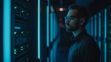 cyber security expert or IT engineering working at data server of technology company, digital data security analysis modern cyber tech network 