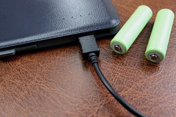 Two AA batteries near elegant leather power bank on brown leather surface 
