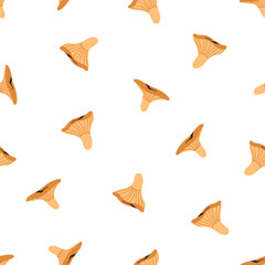 Chanterelles, seamless pattern. Autumn mushrooms, endless background. Fall fungus, forest fungi food, repeating print, texture design. Flat graphic vector illustration for wrapping, textile, fabric