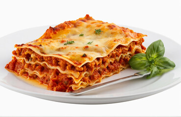 Lasagna on a plate, cut out isolated on white background
