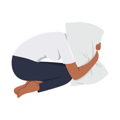 Young frightened depressed woman lying alone on bed in fetal position covering head with pillow. Flat vector illustration isolated on white background