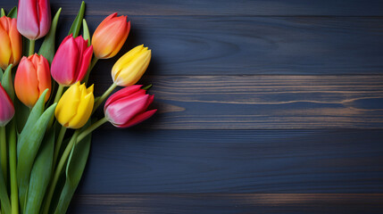 Bouquet of multicolored tulips on a wooden dark blue
